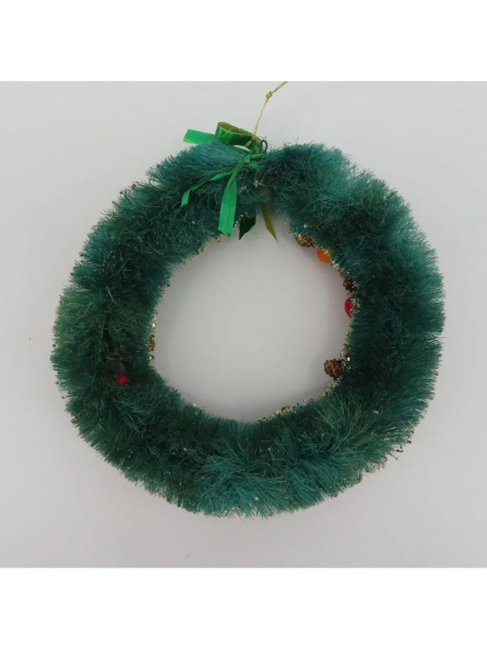 VTG Green Bottle Brush Wreath 12in Gold Flocked Multicolor Fruit Pinecone Retro